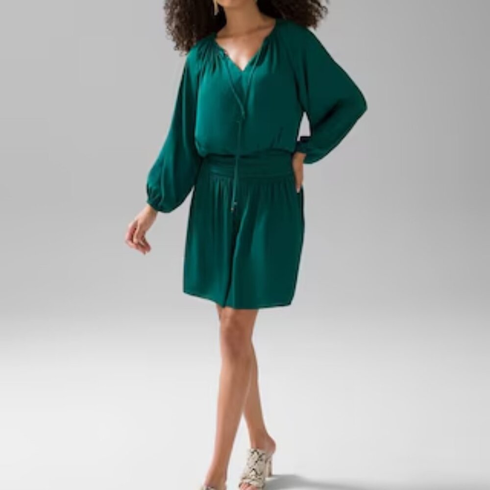 White House Black Market Long Sleeved Green Satin smocked waist blouson dress  L